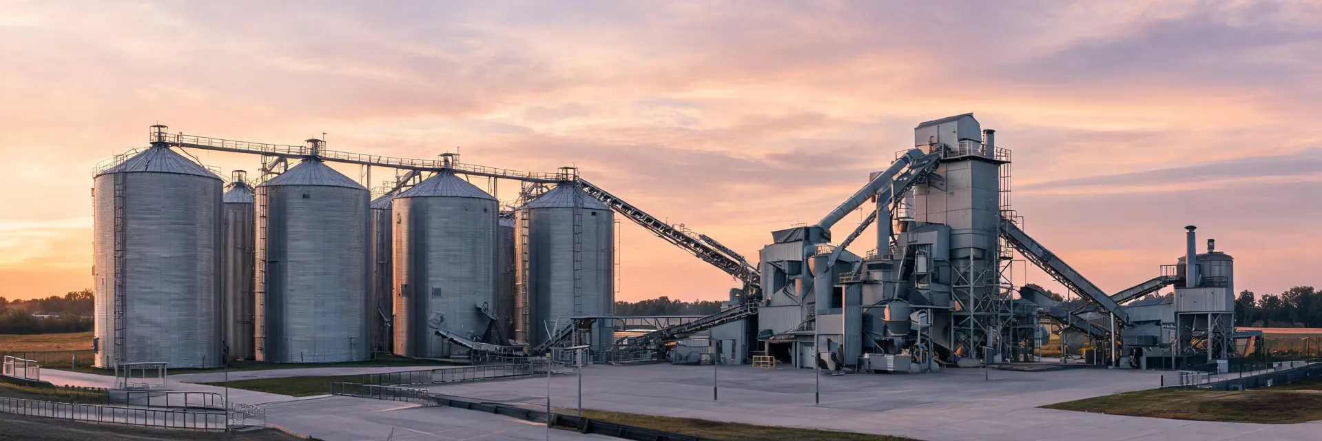 Harvest grain storage at dusk